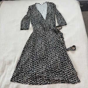Talbots Wrap‎ Dress Womens 10P Black Geometric Vintage Midi Long Sleeve Retro